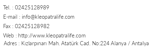 Kleopatra Life Otel telefon numaralar, faks, e-mail, posta adresi ve iletiim bilgileri